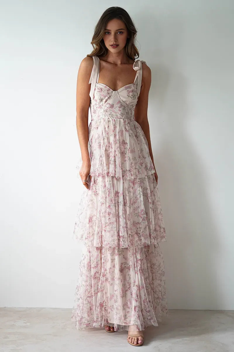 Robe Weitese élégante à bretelles nouées et taille cintrée, imprimé floral, robe de bal longue à volants, rose